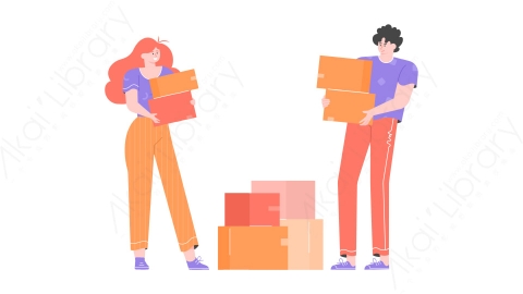 图片素材-MG卡通插画年轻夫妇搬家新房男女孩站在旁边拿着纸板箱抵押贷款出租房屋平面插图用明亮的文字