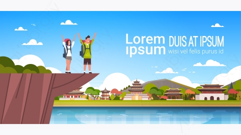 图片素材-几个开朗的游客背着背包在美丽的中国徒步旅行
