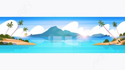 图片素材-美丽的海滨风景夏日海滩与山脉蓝色的水和棕榈树矢量插图-1