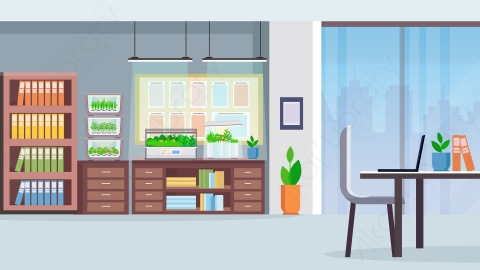 图片素材-创意的联合工作中心工作场所办公桌现代办公室内部与玻璃容器玻璃容器植物生长概念2