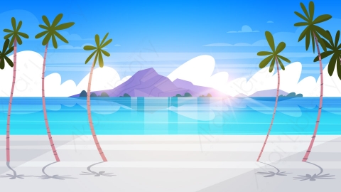 图片素材-美丽的海滨风景夏日海滩与山脉蓝色的水和棕榈树矢量插图-2