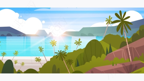 图片素材-美丽的海滨风景夏日海滩与山脉蓝色的水和棕榈树矢量插图-4
