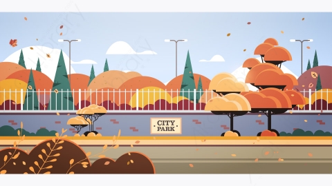 图片素材-城市公园标志板在篱笆上美丽的秋季风景背景-1