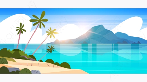 图片素材-美丽的海滨风景夏日海滩与山脉蓝色的水和棕榈树矢量插图-5