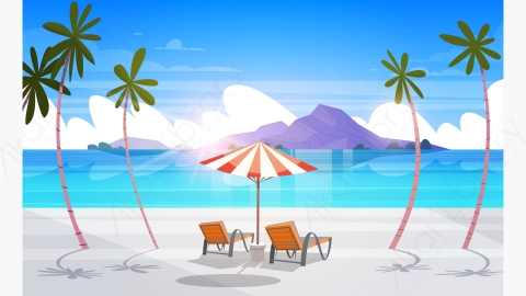 图片素材-美丽的海滨风景夏日海滩与山脉蓝色的水和棕榈树矢量插图-6