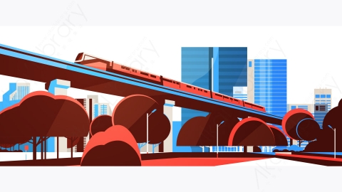 图片素材-地铁单轨列车在城市摩天大楼上看城市景观溢价矢量图