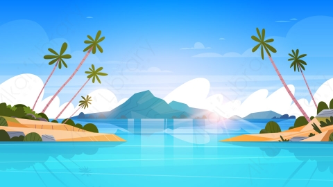 图片素材-美丽的海滨风景夏日海滩与山脉蓝色的水和棕榈树矢量插图-7