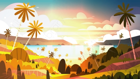 图片素材-美丽的海滨风景夏日海滩与山脉蓝色的水和棕榈树矢量插图-8