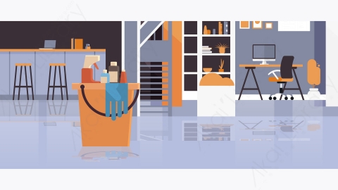 图片素材-桶与工具和物品清洁服务现代同事中心创意办公室室内图保费矢量