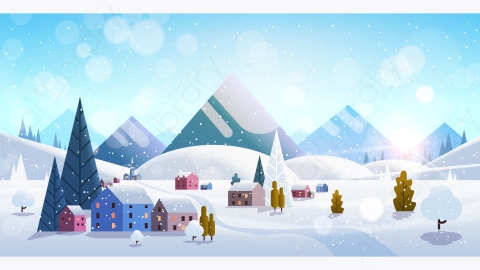 图片素材-冬季村屋山丘陵景观降雪矢量图