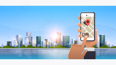 图片素材-手使用在线移动地图应用程序高级矢量