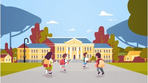 图片素材-儿童背着背包跑回学校教育概念背景