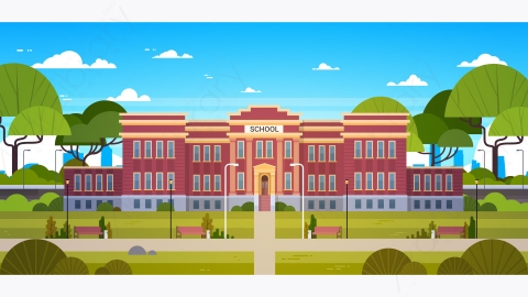 图片素材-学校建筑前院长满绿草和树木的风景矢量-1