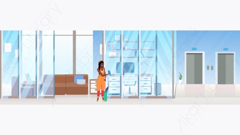 图片素材-女清洁工擦玻璃墙女性看门人使用尘布清洁服务概念创意工作场所办公室室内平面