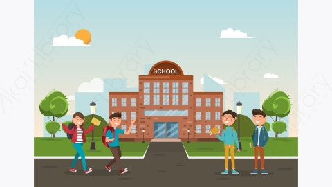 图片素材-卡通学生在学校前
