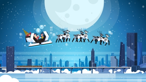 图片素材-圣诞老人坐雪橇与驯鹿夜空飞过月亮圣诞节场景-4