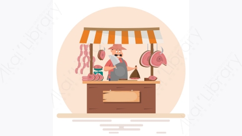 图片素材-胖男人屠夫在猪排店提供新鲜的肉