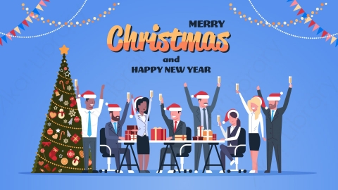 图片素材-业务团队在现代办公室举起手庆祝圣诞节活动概念设计
