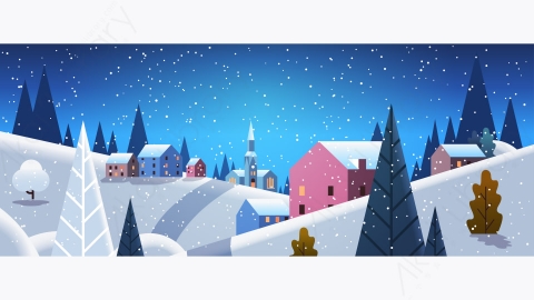 图片素材-夜晚的冬天村庄房屋山丘陵景观降雪矢量图